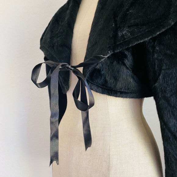 VTG Cropped Jacket Faux Calf Hair Black Bolero Y2K 90s Glam Club Goth Witch Euro - Picture 7 of 15